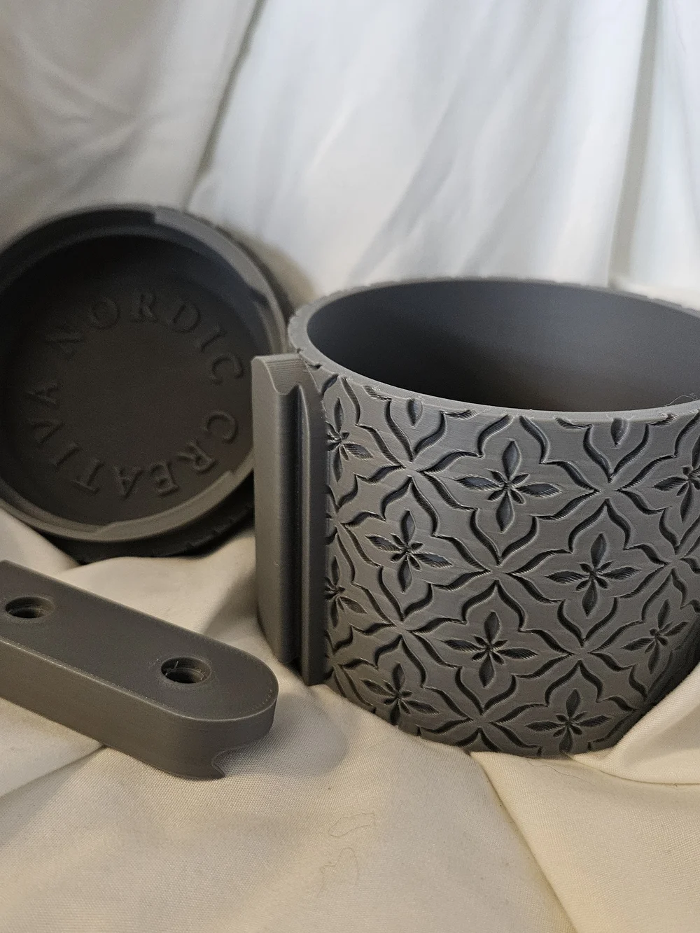 Decorative Gray Hanging Planter with Floral Relief Pattern - 3d Printed